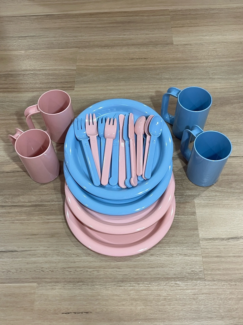 Retro Pastel Picnic Set 90s Pink/Blue 20 piece Tableware Cutlery Mug Set for 4